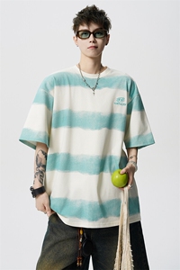 8XL-M 高品质纯棉扎染条纹短袖T恤男宽松美式复古半袖情侣DX339图片