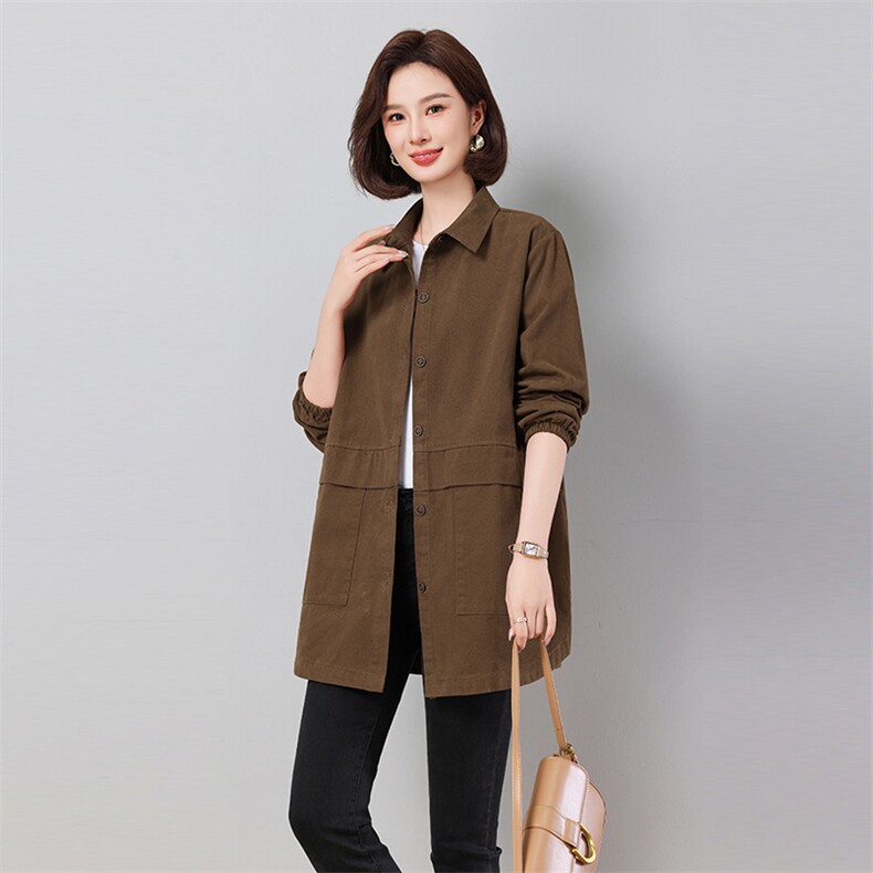 长袖衬衫女春秋2024新款大码宽松显瘦中长款全棉中年妈妈上衣外套，女装风衣，秋牧寒烟