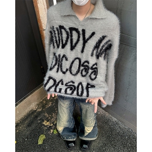 秋季新款港风美式字母印花水貂毛刷毛POLP领毛衣男潮 MY1526-P60图片