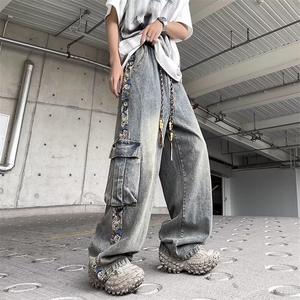日系工装牛仔裤男潮牌拼接阔腿拖地裤男生宽松痞帅直筒裤子图片