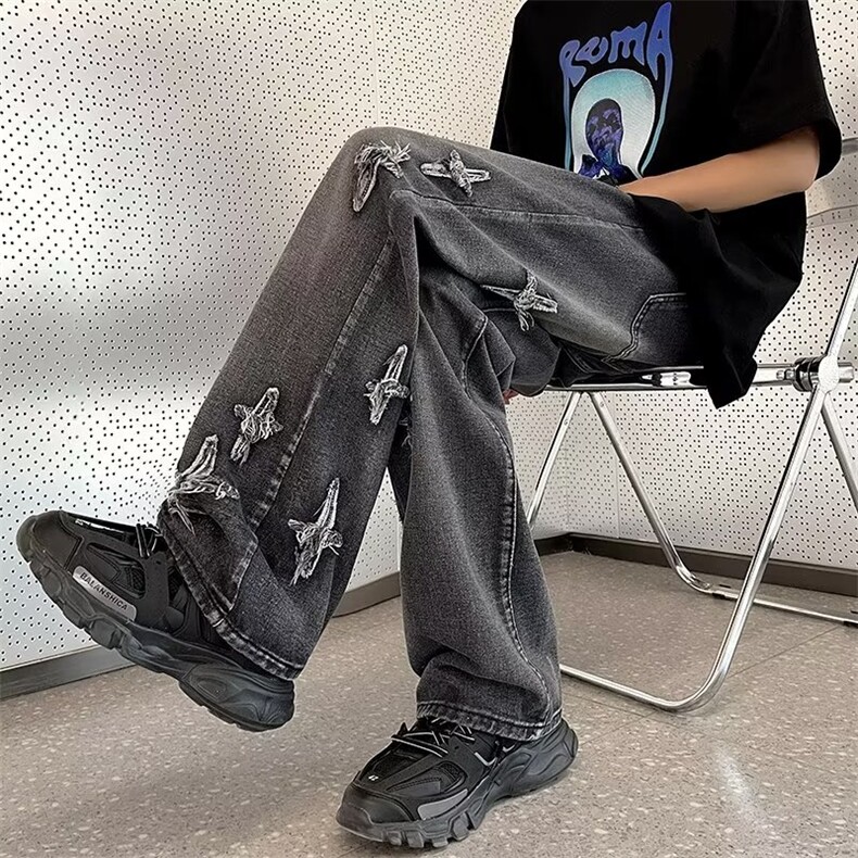 美式vibe裤子高街水洗牛仔裤男设计感小众拉链裤N7182P43,男装牛仔裤,星座1116-2