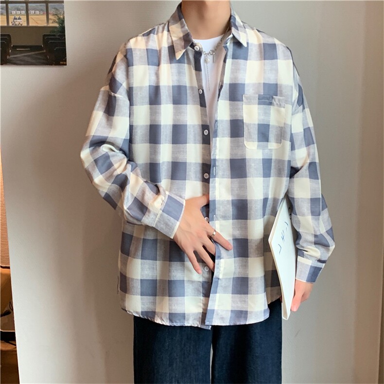 日系格子衬衣夏季春秋休闲长袖潮衣服薄男士新款外套W1253-P35,男装衬衫,星座512-4