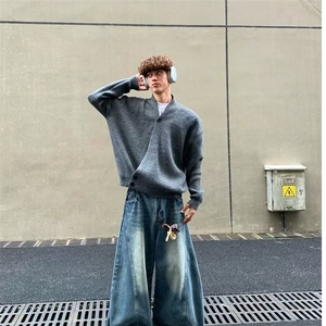 黑色v领道袍毛衣开衫男春秋潮牌高级感针织衫宽松慵懒老钱风外套图片