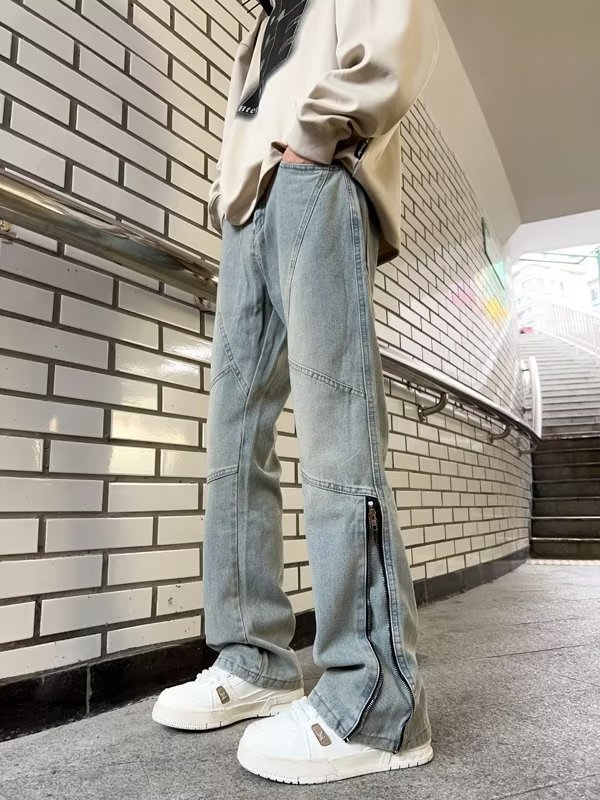 复古拉链牛仔裤男秋季2023新款直筒微喇裤子高街潮D8102P50,男装牛仔裤,星座1116-2
