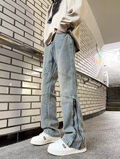 复古拉链牛仔裤男秋季2023新款直筒微喇裤子高街潮D8102P50，男装牛仔裤，星座1116-2