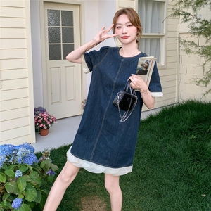 小个子设计感花边拼接慵懒风连衣裙女夏季2025新款宽松显瘦牛仔裙图片