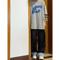 【有货】美式格子拼接卷边牛仔裤男女阔腿裤子NZ011LL-特P48，男装牛仔裤，星座1007（原301D）