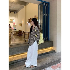 慵懒风复古撞色条纹长袖t恤女夏季薄款宽松中长款针织防晒衫上衣，男装防晒衣，星座1210-1