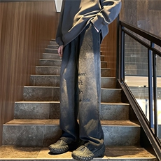 k1059-p55-控78M-5XL宽松大码发泡印花多口袋港风高阶黑暗牛仔，男装牛仔裤，星座116