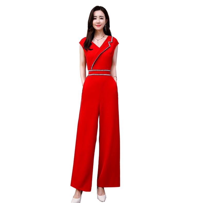 2021夏季新款时尚红色V领连体裤显瘦高腰阔腿裤,女装连体裤,韩蜜菓
