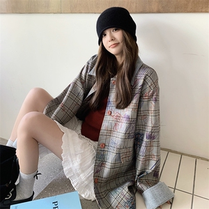 韩系休闲减龄单排扣灰色格子涂鸦风衣外套女2025春秋独特漂亮上衣图片