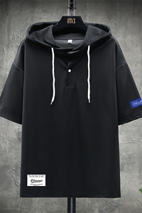 LD54062-P45 连帽短袖t恤男大码胖子带帽五分袖中袖 展架图片