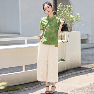 长期有货2026夏装新款时尚两件套装女提花新中式衬衫T阔腿腿裤女，女装套装/套裙，璐依舞