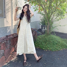 米白色吊带连衣裙套装女2025夏季新款法式气质蕾丝罩衫长裙两件套，女装套装/套裙，2C269