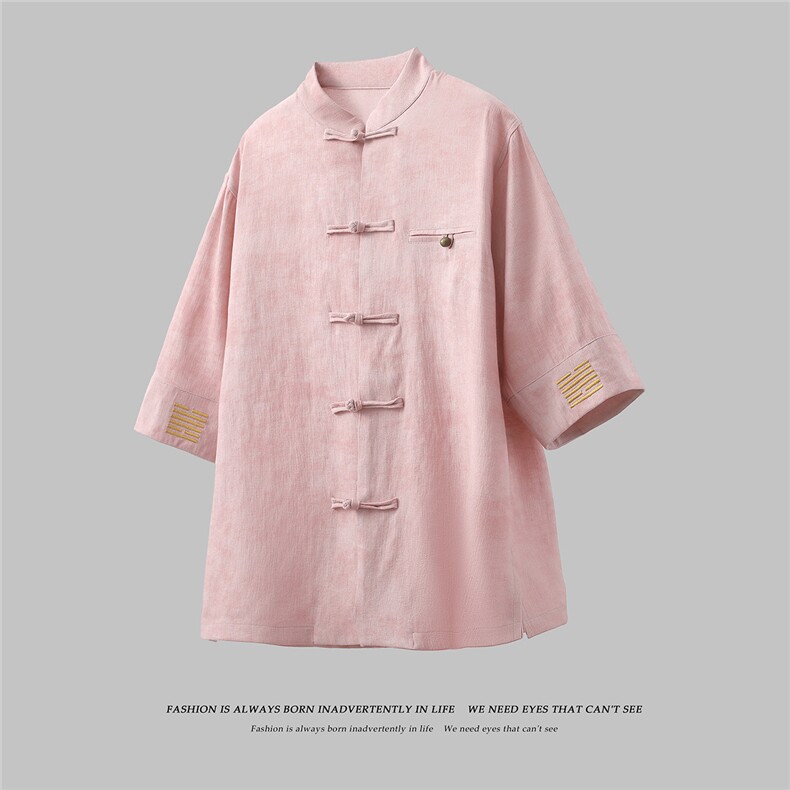 风铜扣盘扣刺绣中式立领衬衫透气开衫短袖潮A087-1-YM663P85，男装T恤，电商A087-1