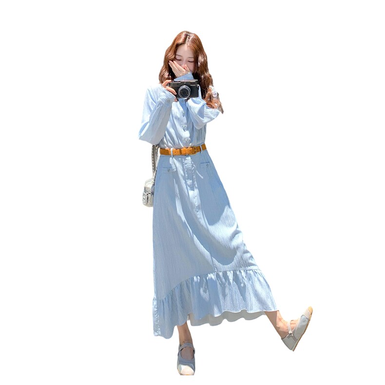 少女风竖条纹蓝色衬衫连衣裙女春秋2025新款学院风长裙巨好看小众,女装连衣裙,2C332