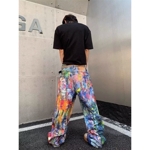 网图美式潮牌泼墨涂鸦牛仔裤男士宽松直筒复古油画风长裤阔腿裤子图片