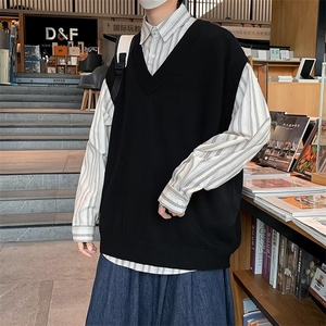 港风毛衣马甲男秋款韩版无袖外套百搭针织背心V领坎肩XM01P25图片