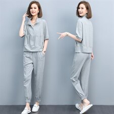 2023夏季新款简约休闲时尚立领上衣腰部个性松紧系带休闲裤两件套，女装套装/套裙，玛其路