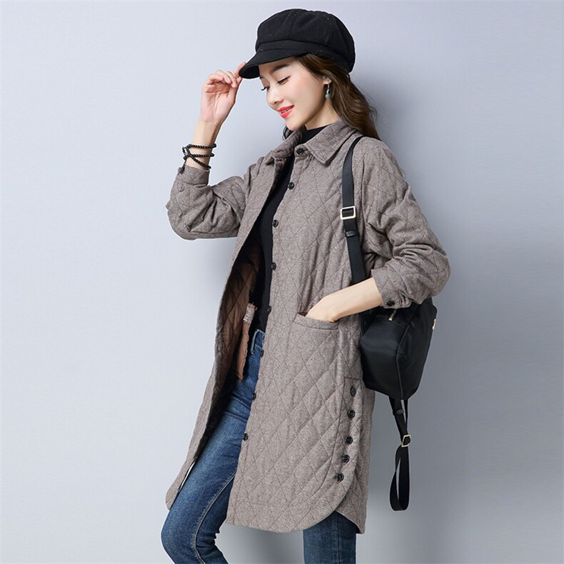 纽扣口袋直筒中长款加厚长袖2021年春季排扣棉衣/棉服POLO领百搭时尚，女装棉衣/棉服，独衣靓