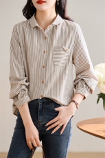 2025年春季长袖休闲条纹款女装女士精品衬衫开衫薄款，女装衬衫，1D073