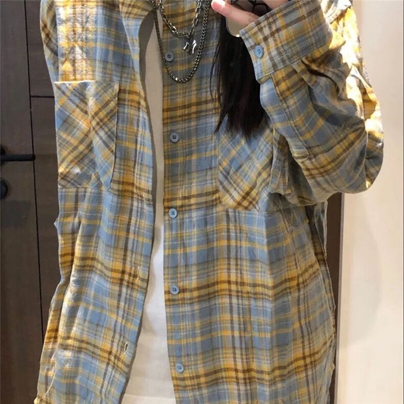 网络图现货毛格子长袖衬衫男女翻领宽松休闲情侣衬衣RCS010-P48,男装衬衫,星座1005-4