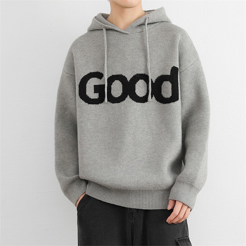 连帽毛衣复古套头针织帽衫男 GOOD印花潮牌秋冬慵懒风情侣外套图片