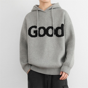 连帽毛衣复古套头针织帽衫男 GOOD印花潮牌秋冬慵懒风情侣外套图片
