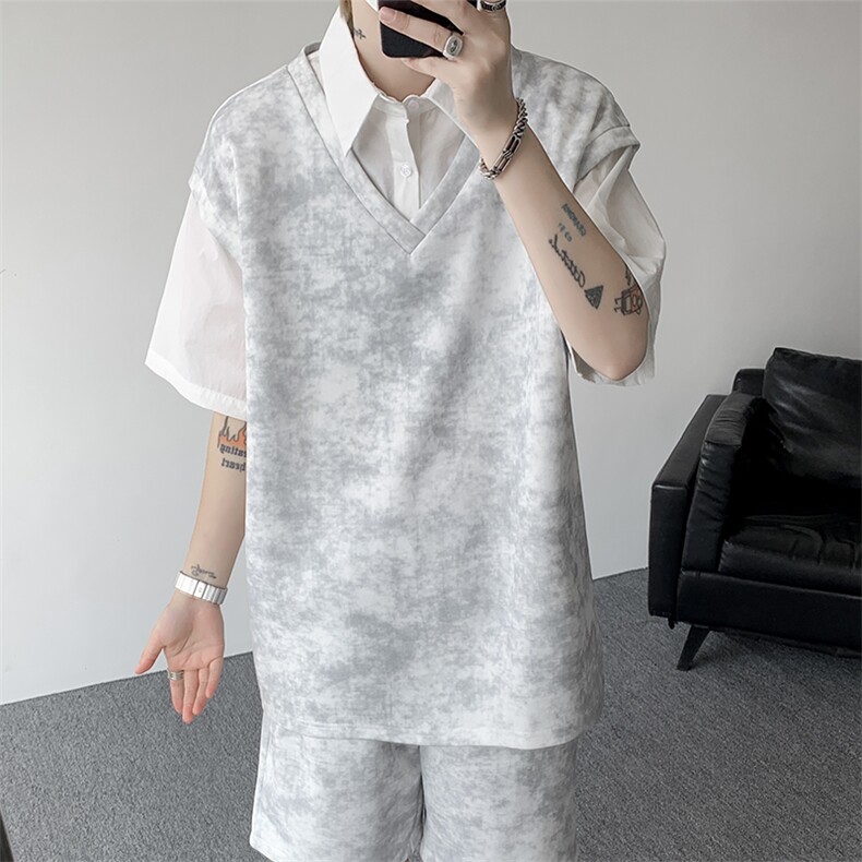 扎染套装西装领休闲春夏套装短袖短裤潮流休闲套装扎染面料特P65,男装休闲套装,电商B319