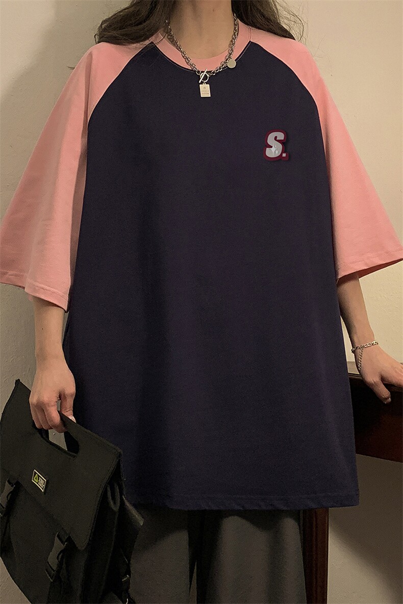 中性风插肩袖设计T恤女大码S立体贴标短袖T恤男DT8777P28控49,男装T恤,星座226-2