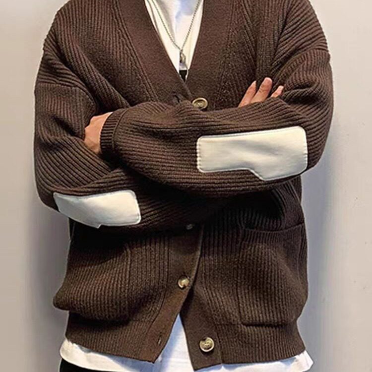 轻熟风潮牌针织开衫外套男2024秋冬新款宽松V领拼接加厚款毛衣男,男装针织衫/毛衣,星座506A