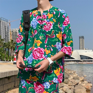 A340男士休闲大花透气凉爽风T恤七分袖春夏新大妈套头衫团队图片