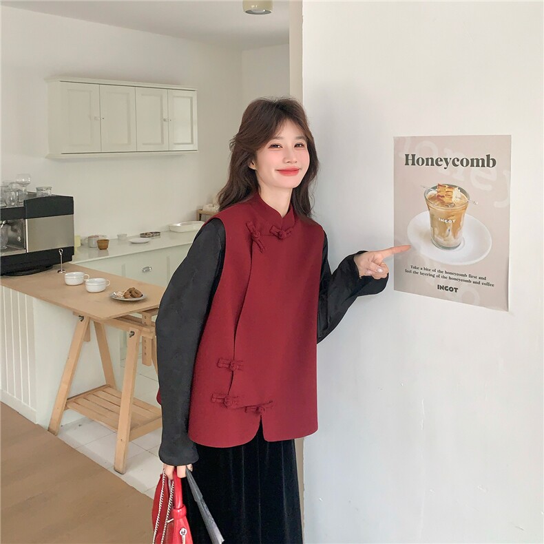 新品档口有货红色风盘扣马甲打底衬衫两件套601-P205-K298,女装套装/套裙,2C126