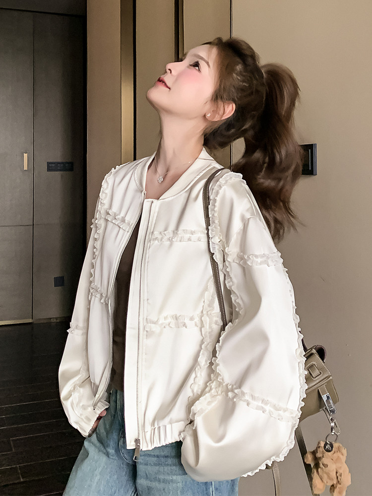 米色木耳边棒球服短款外套女2025春秋季新款韩版显瘦减龄夹克上衣,女装短外套,浙宝A馆126