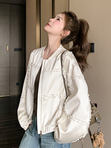 米色木耳边棒球服短款外套女2025春秋季新款韩版显瘦减龄夹克上衣图片