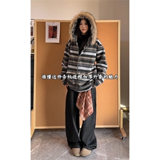 可拆卸毛领加绒卫衣慵懒风撞色条纹潮流男女DZ51213-TP75158，男装卫衣，电商A102