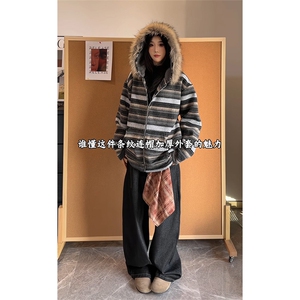 可拆卸毛领加绒卫衣慵懒风撞色条纹潮流男女DZ51213-TP75158图片