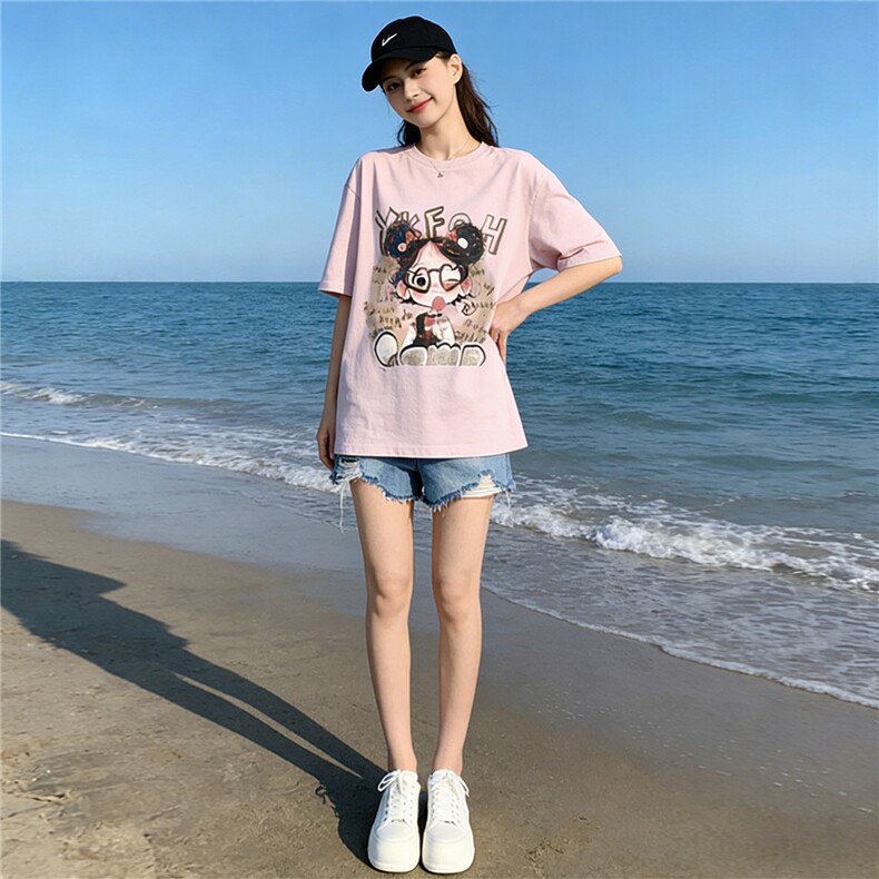 盐系穿搭休闲时尚套装女夏新款设计感圆领印花短袖牛仔短裤两件套,女装套装/套裙,江南