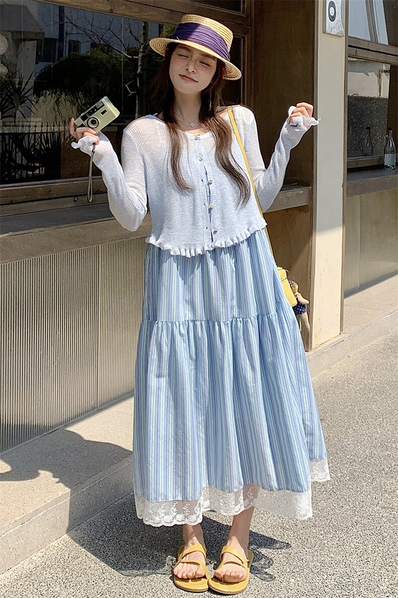 【新款】25夏季兰色竖条纹度假风两件套L602-P165-K228,女装连衣裙,2C317