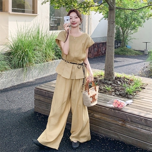 时尚休闲麻料套装女超好看2025年夏季新款飞飞袖上衣阔腿裤两件套图片