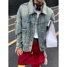 美式高街机车牛仔外套男款水洗做旧潮牌宽松休闲拉链夹克，男装夹克，星座716-3