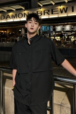 2025夏季黑色立领男士韩系金属工装口袋设计上衣衬衫短袖D05/P75，男装T恤，星座305B