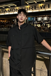 2025夏季黑色立领男士韩系金属工装口袋设计上衣衬衫短袖D05/P75图片