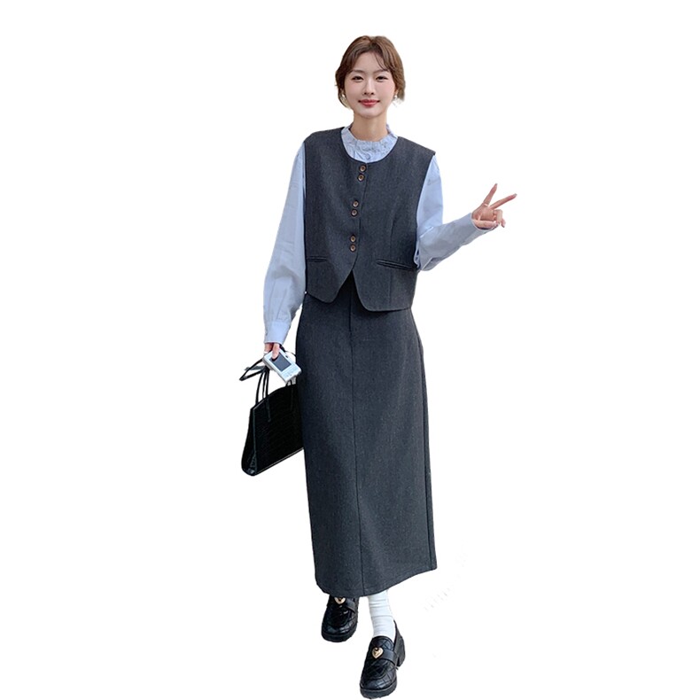 气质通勤穿搭灰色马甲套装裙女春秋2025新款超火衬衫半身裙三件套,女装套装/套裙,2C305