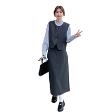气质通勤穿搭灰色马甲套装裙女春秋2025新款超火衬衫半身裙三件套，女装套装/套裙，2C305