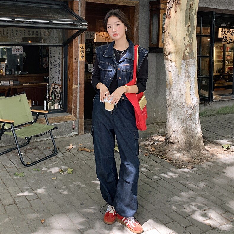 2024年秋款新款复古百搭马甲小个子宽松休闲工装牛仔套装,女装套装/套裙,瑶迪依秀