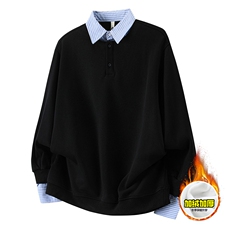 重磅加绒硬挺boxy男女美式高街假两件衬衫领长袖卫衣POLO领打底衫，男装T恤，电商A486-1