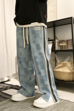2024春季新款牛仔格子纹宽松直筒阔腿休闲裤KZ14-P68控79，男装休闲裤，星座914-3