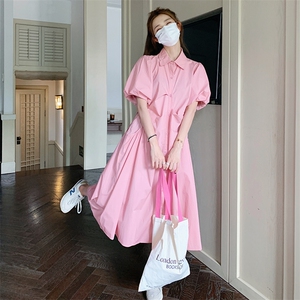 小众设计感泡泡袖粉色连衣裙女夏2025新款气质衬衫裙茶歇法式长裙图片