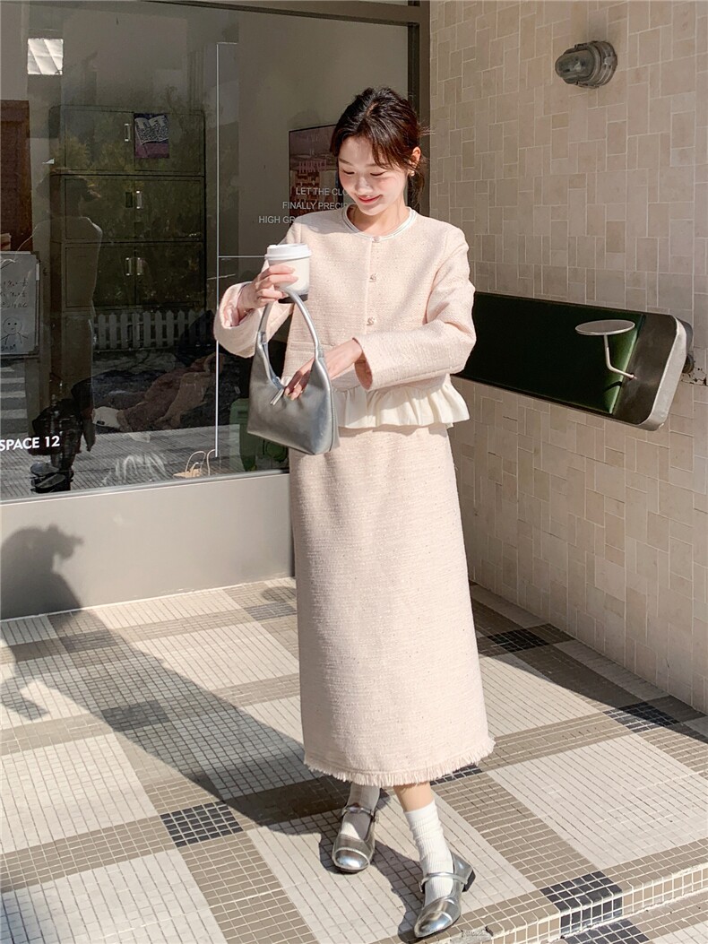 现货-2026年春季纯色拼接花边休闲时尚小香风两件套套装外套女,女装套装/套裙,霓裳依族